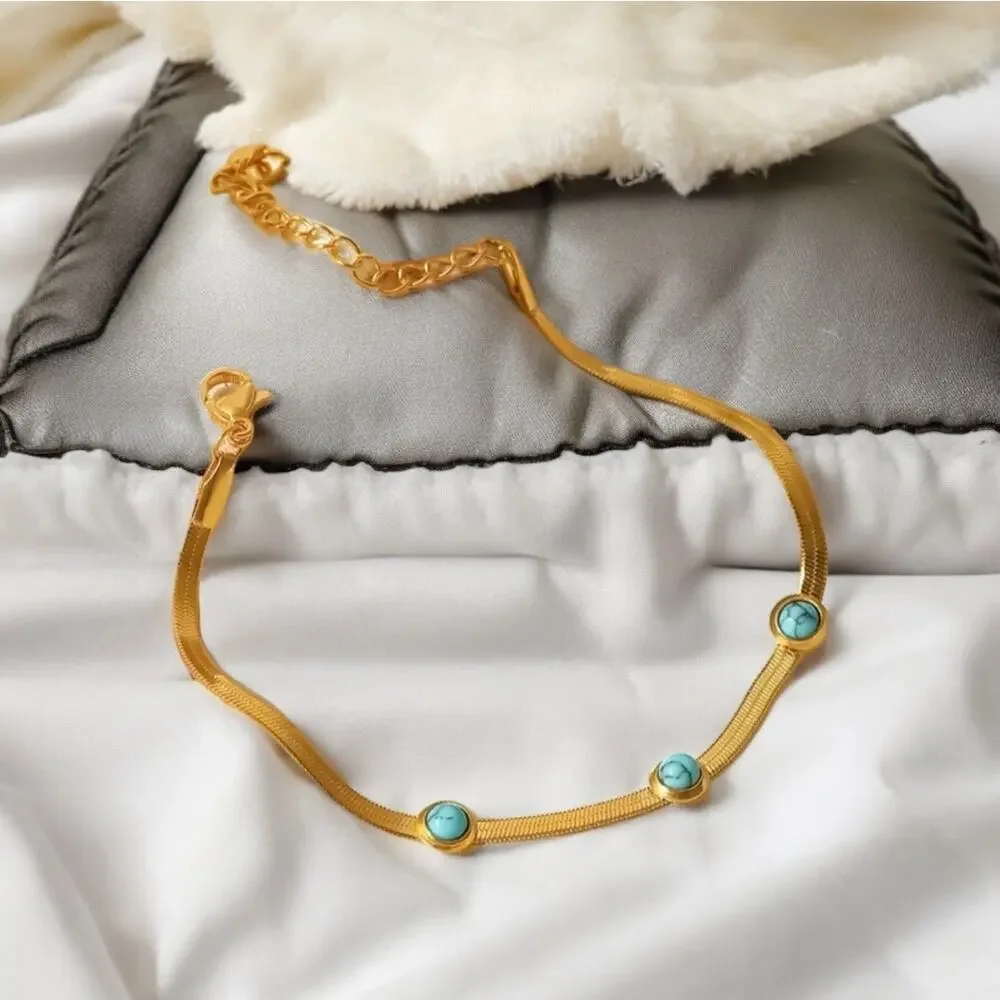 NEW 18k yellow gold plated flat snake chain turquoise bracelet jewelry B27A
